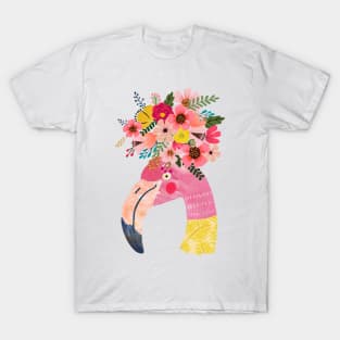 Cute Flamingo in pink and yellow with flowers on head T-Shirt